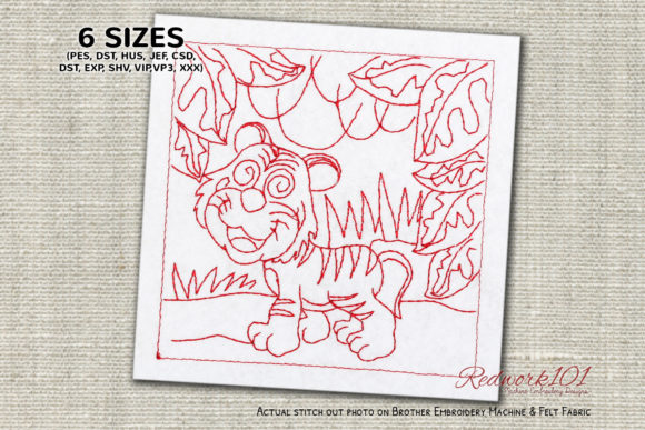 Baby Tiger in Jungle Redwork Design