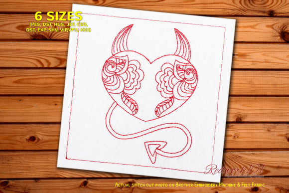 Devil Heart on Valentine Pattern Redwork