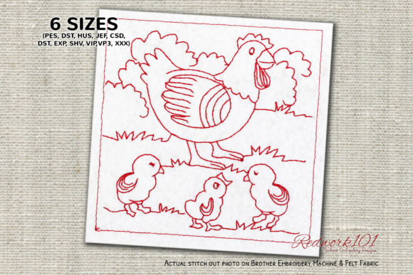 Hen with Chicken in the Field Redwork