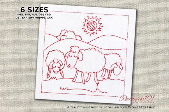 Sheep Eating Grass in Field Redwork