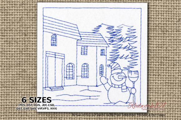 Snowman Holding a Broom Redwork