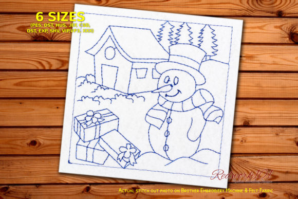 Snowman with Gifts Redwork